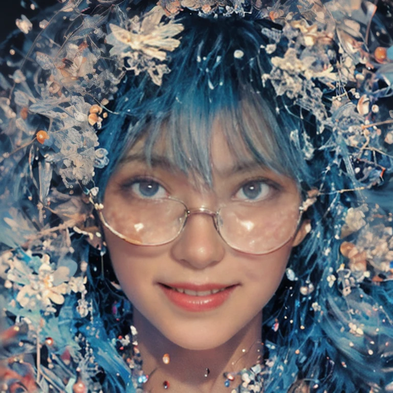 One girl, Blue Hair/Light blue hair, Glasses, High resolution, Anatomically correct, Shortcuts, Close-up, Off-screen, Hair Flower, Sparkle Effect,Action Painting, smile, Open your mouth, 