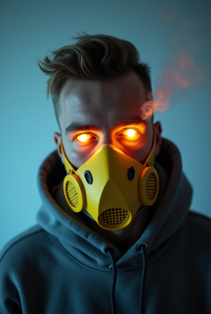 white man wearing a hoodie, wearing a yellow mouth respirator mask, with gangster haircut, captured from a low, slightly angled point of view of his head, glowing smoke coming from his eyes, looking at the camera transparent background