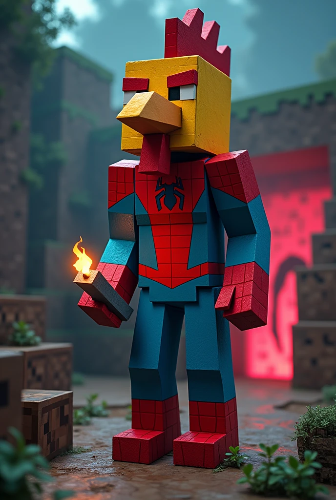 MINECRAFT CHICKEN HEAD MAN WITH SPIDERMAN DRESS GOING TO NEATHER IN MINECRAFT BY NEATHER PORTAL AND HE HAS FLINT AND STEEL ON HIS HAND IN MINECRAFT AND IMAGE SIZE WILL LIKE YOUTUBE THUMBNAIL