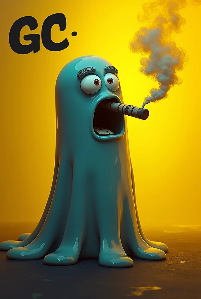 generates a logo of an animated ghost smoking a vape with a more atmospheric yellow background with the letters GC


