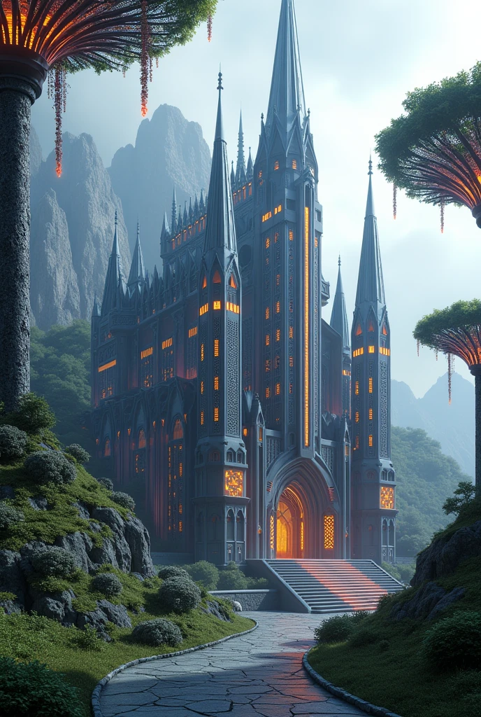 Make a uniq a castel with mordan syber punk desine no human think about byfor not scearry many type of light and trees outside hig display
