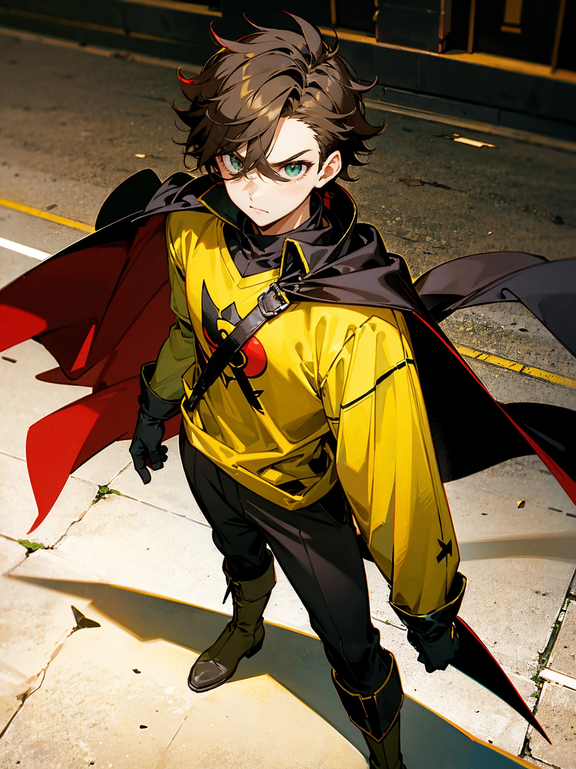 1male , Young Male , Red and Yellow T-Shirt with black fitted long sleeves under , Black Gloves, Green Boots , Robin Symbol on Shirt , Black and Cape, Messy Hair , Serious Expression , Standing on sidewalk