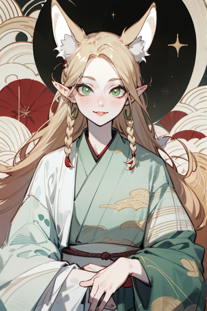 Upper body standing painting, Faraway view, in a panoramic view, sweetheart, solo, pale-skinned, (Fox ears), Elaborate Eyes, Details on the face, Green-eyed, Red Eyeshadow, The lips are red, white magic dress, awas, pervert smirk, japanses clothes, ukiyoe painting, tmasterpiece, high high quality, minimum, Tiny,