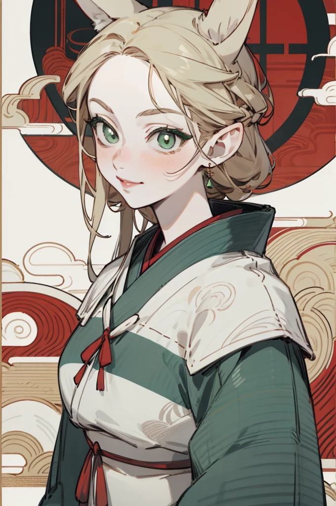 Upper body standing painting, Faraway view, in a panoramic view, sweetheart, solo, pale-skinned, (Fox ears), Elaborate Eyes, Details on the face, Green-eyed, Red Eyeshadow, The lips are red, white magic dress, awas, pervert smirk, japanses clothes, ukiyoe painting, tmasterpiece, high high quality, minimum, Tiny,