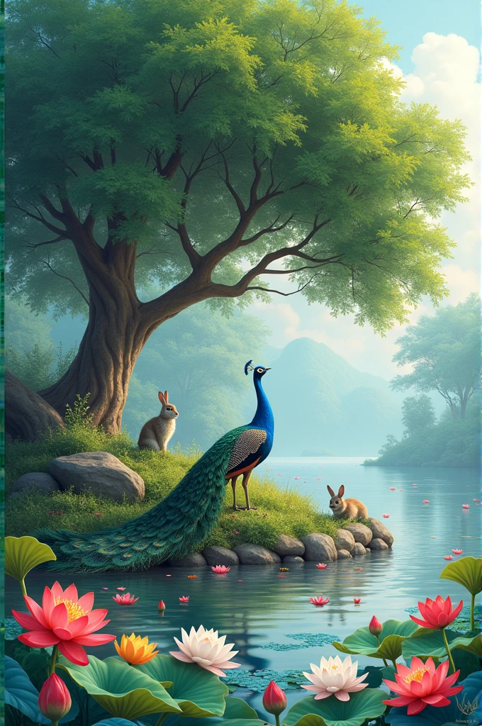 Kadamb tree near river peaocks, rabbits, near the river and peacock dancing. Red, white, yellow, blue lotus in river