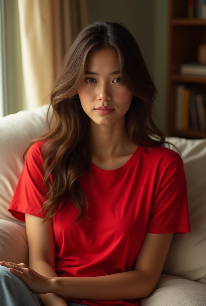beautiful woman red t shirt at home
