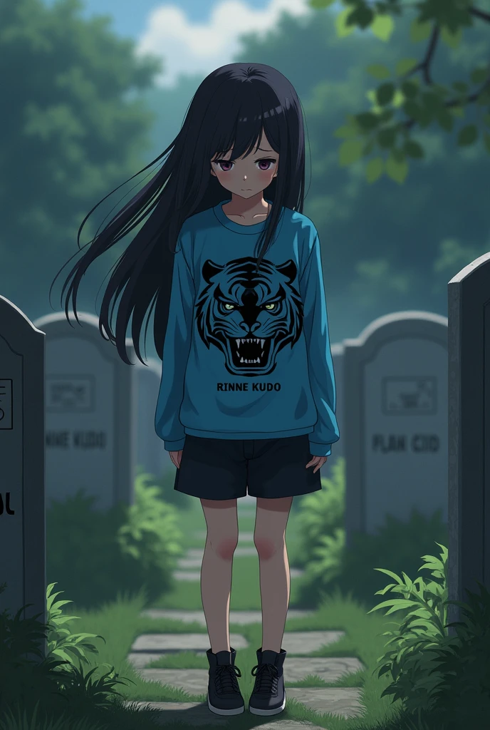 Character: Female, , long black hair, wearing a blue long-sleeved shirt with a black tiger inside, round neck, wearing black shorts, wearing black shoes, a student, standing at a gravestone that says Rinne Kudo with sadness.