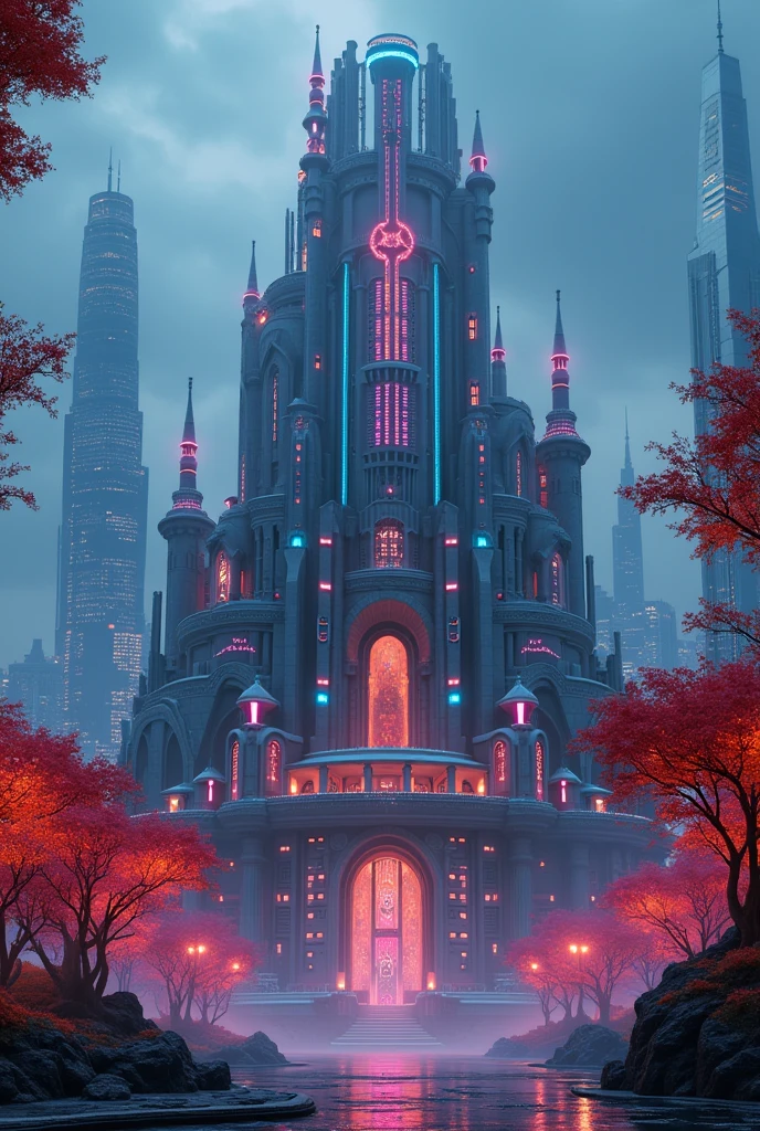 a unique cyberpunk castle, intricate architecture, modern futuristic design, glowing neon lights, neon trees, otherworldly atmosphere, cinematic lighting, dramatic shadows, hyper-detailed, 8k, photorealistic, digital art, concept art