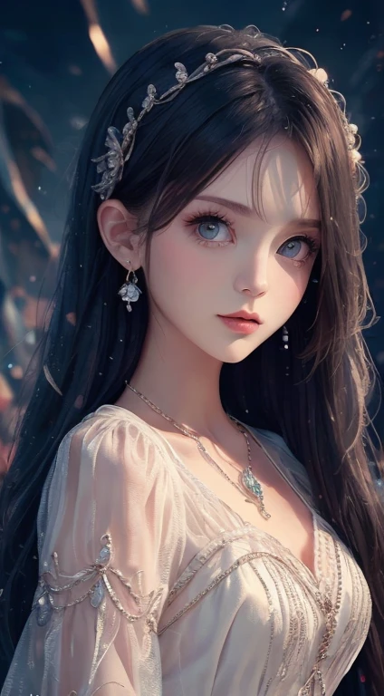 最high quality, masterpiece, High resolution, One Girl, Porcelain Dress, hair accessory, necklace, jewelry, Beautiful Face, On the body, Tyndall effect, Realistic, Dark studio, Edge lighting, Two-tone lighting, (Skin with attention to detail: 1.2), 8k UHD, Digital SLR, Soft Light, high quality, Volumetric Light, Frank, photograph, High resolution, 4K, 8k, Background Blur,Beautiful big eyes、charm、Luxury dresses,high quality、Very delicate、8k