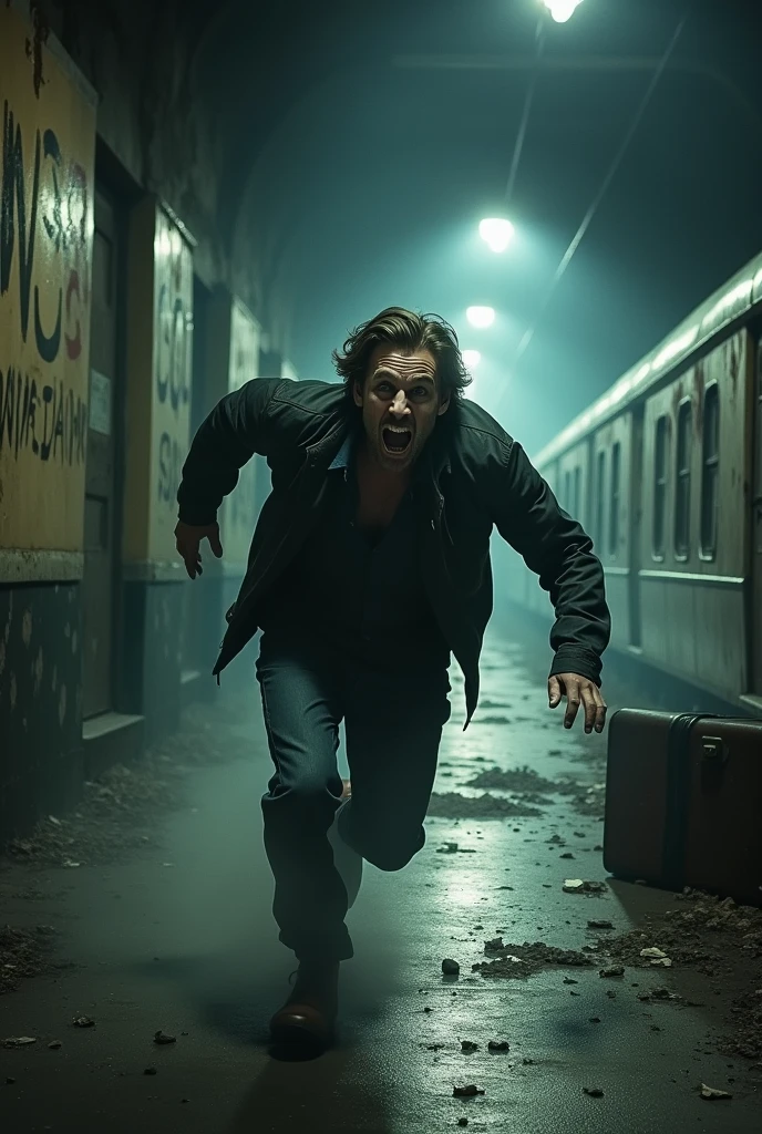 Give me a 1280 x 720 thumbnail of a scared lonely runing man at a haunted railway station.