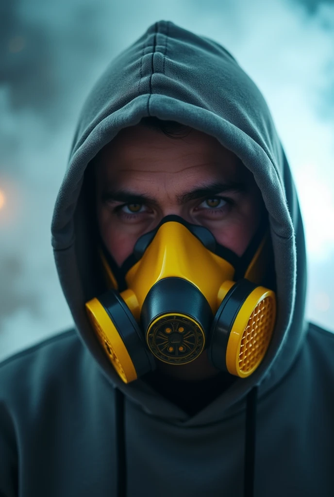 white man wearing a hoodie, wearing a dark yellow mouth respirator mask, with gangster haircut, captured from a low, slightly angled point of view of his head, glowing smoke coming from his eyes, looking at the camera transparent background