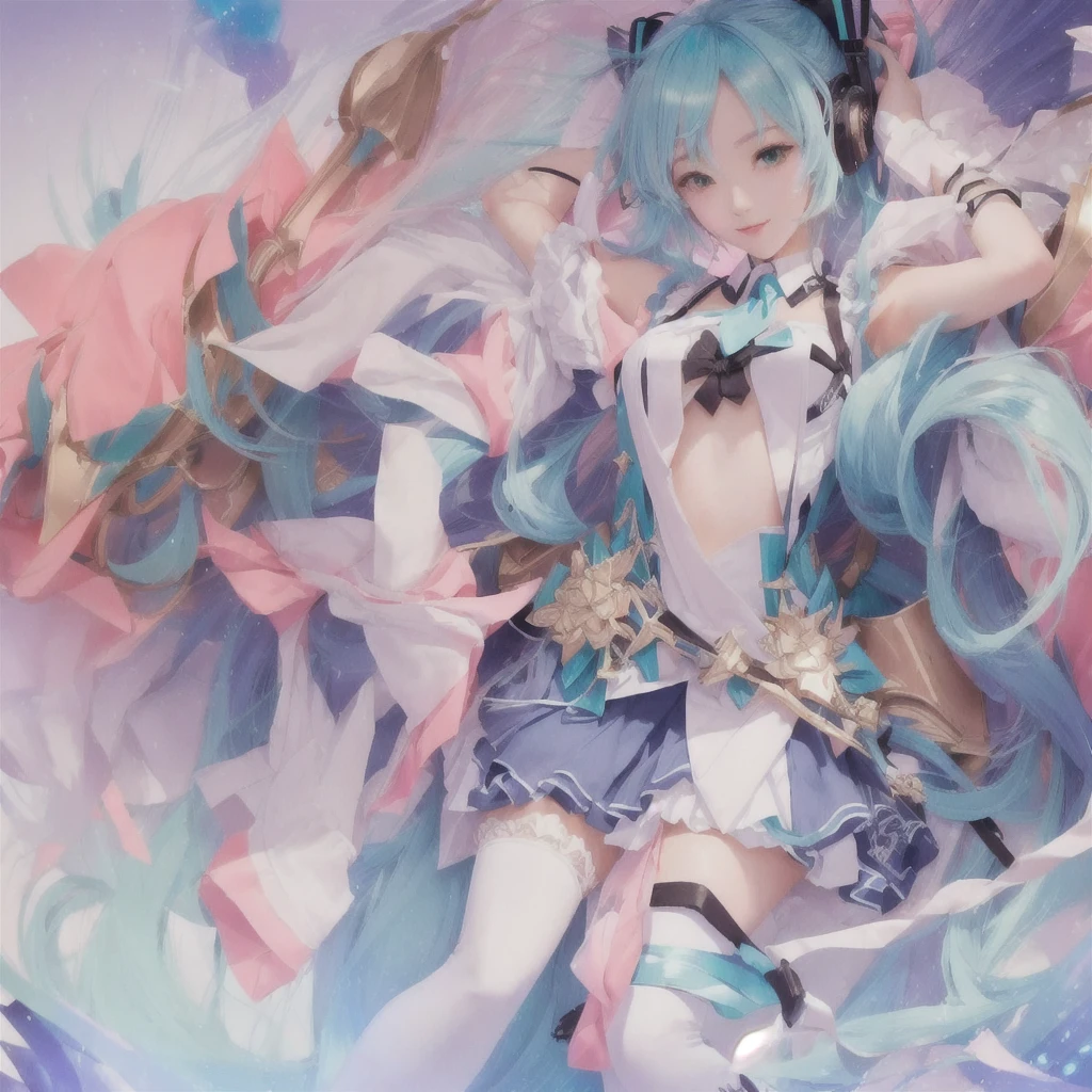 Blue hair and a bow tie、anime girl holding a sword, digital art on Pixiv, by Shimo, Pixiv contest winner, Pixiv, Vocaloid, Pixiv style, Anime fantasy artwork, Anime fantasy illustration, Beautiful anime artwork, The Detailed Art of the Onmyoji, Official artwork, Zerochan Art, high detailed Official artwork, Nightcore, MikudayoLet's start with a base illustration of a young female character.
Adjust the hair color to Hatsune Miku's iconic turquoise blue.
Style the hair to be very long, reaching below the waist, in twin tails. Ensure the twin tails are evenly balanced and neatly wrapped at the top.
Give the hair a glossy appearance and a slightly voluminous texture.
Create a youthful and cute facial expression with large, expressive eyes. The eye color should be a bright shade of blue.
Give her a characteristic slim and  body frame.
Remove the distinctive outfit consisting of a sleeveless top, tie, and pleated skirt. Include shades of teal and black in the color scheme.
Include signature accessories such as a futuristic headset, microphone, and detachable sleeves.
Optionally, add knee-high boots or thigh-high socks in matching color tones.
Provide a background that complements the aesthetic, such as a futuristic cityscape or a concert stage with colorful lights.
Please note that due to the complexity of the instructions, it may be challenging for an AI to accurately generate an image based on the exact specifications provided.
Please draw it in a sketch-like style, resembling an idea sketch.
A drawing that looks like it was done with a pencil. A picture drawn in a messy manner. A drawing done with hesitation.Soft Joints - Dancer's Joints - Twisting the Hips Dramatically - No Use of Black in Outlines - Pink Illumination - Lowered Gaze - Slender Eyes - Puffy Cheeks - Visible Abdominal Skin - Hair Color is Aqua - Hair Doesn't Turn Green - Employing Light Pastel Colors for Outlines.
