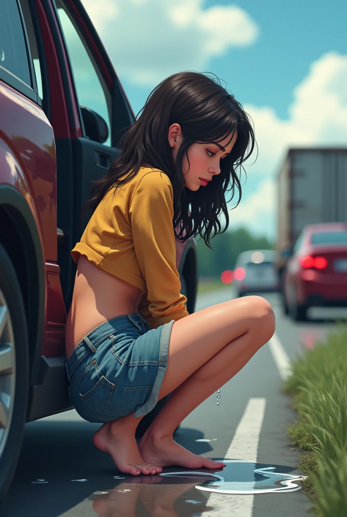 
(A  can’t hold it anymore) she stopped her parent’s car in from of traffic) (Realistic) (she is peeing at side of the freeway) ( sitting on car with the open car door) (pee stain) pee dripping down her bare butt) (pants dropped down to the ground) drips on ground underneath her