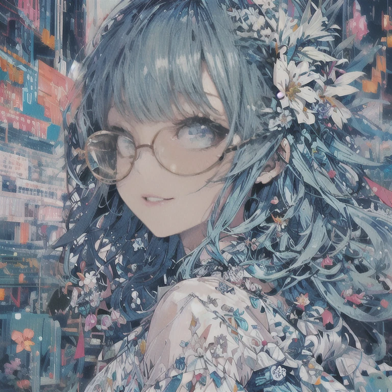 One girl, Blue Hair/Light blue hair, Glasses, High resolution, Anatomically correct, Shortcuts, Close-up, Off-screen, Hair Flower, Sparkle Effect,Action Painting, smile, Open your mouth,
