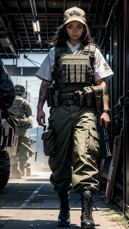 Realistic、Realistic skin texture、アメリカ軍所属の美しいJapanese womenが立っている、Automatic rifle、Box in military warehouse、Automatic rifle、Firearms, etc.. is lined up、Military Box、Bulletproof vest、Afghanistan stole、Baseball cap、Backpack、Heavy machinery、tattoo、boots、Staring ahead with a stern expression、、Dynamic action pose、Japanese women