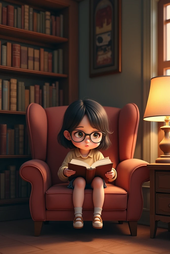 Library a girl sitting with book with cute spects