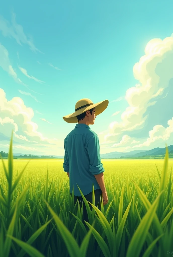 One sunny afternoon in a rice field, There is a man wearing a brimmed hat., blue shirt