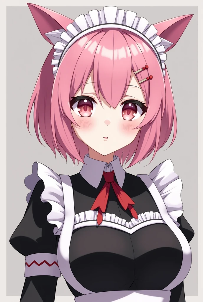 pink hair, white hair, big, light pink eyes, white skin, very large breasts, Black Maid outfit, short hair
