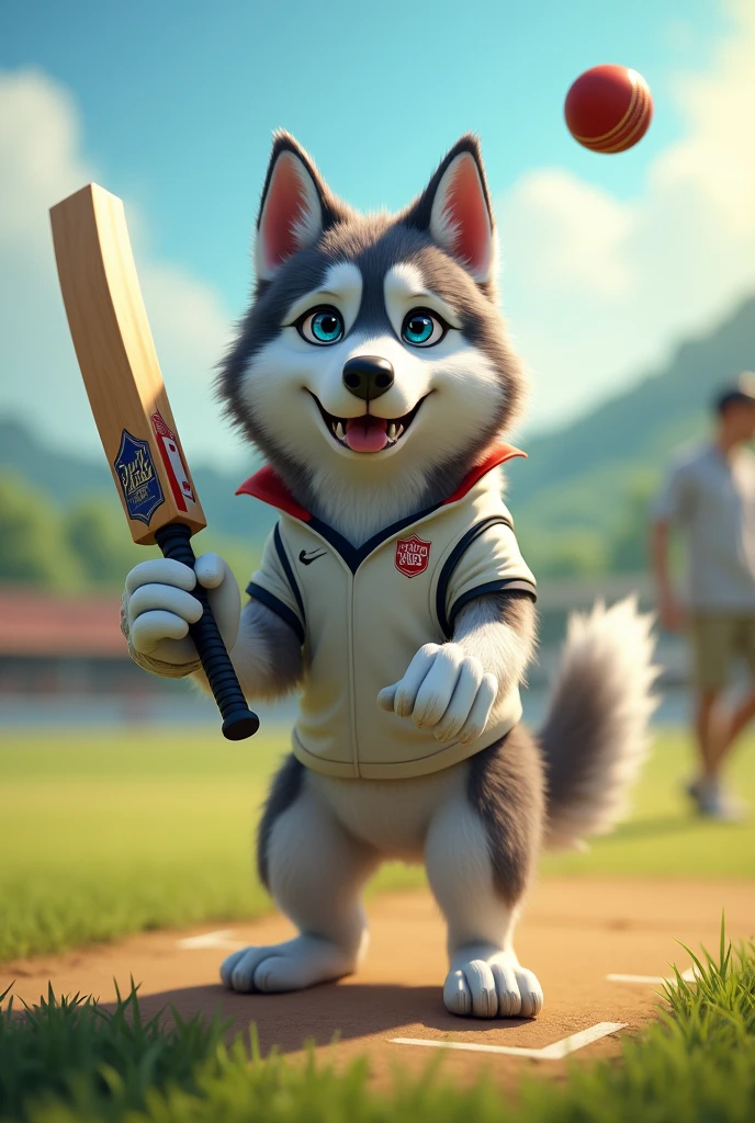 a husky playing cricket