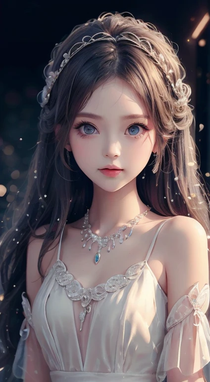 最high quality, masterpiece, High resolution, One Girl, Porcelain Dress, hair accessory, necklace, jewelry, Beautiful Face, On the body, Tyndall effect, Realistic, Dark studio, Edge lighting, Two-tone lighting, (Skin with attention to detail: 1.2), 8k UHD, Digital SLR, Soft Light, high quality, Volumetric Light, Frank, photograph, High resolution, 4K, 8k, Background Blur,Beautiful big eyes、charm、Luxury dresses,high quality、Very delicate、8k