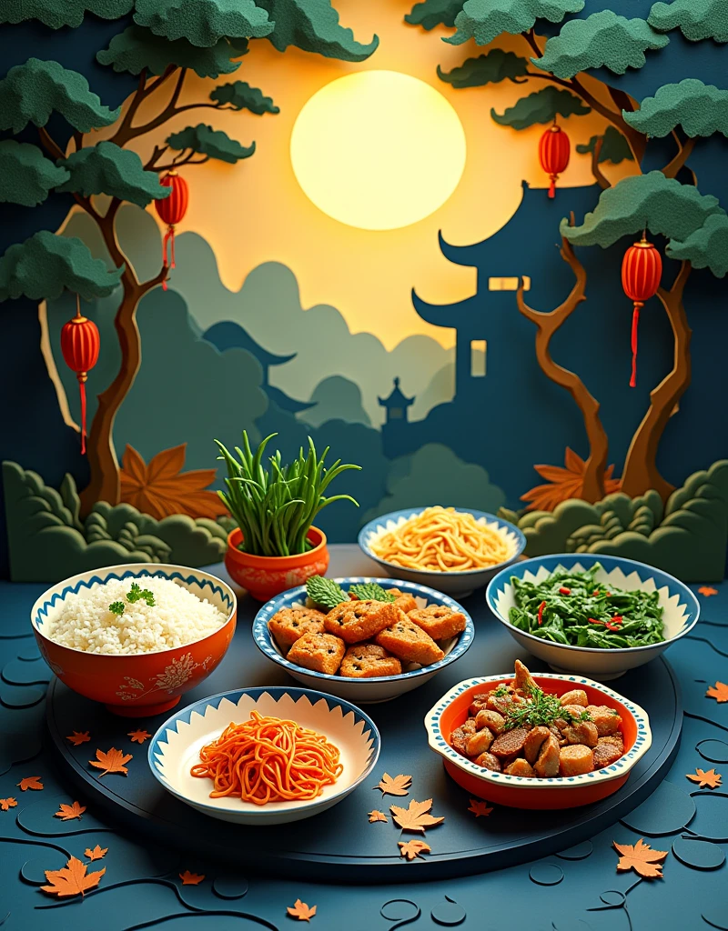 3D Paper cut art, super detailed, kirigami, a paper cut demonstrates some chinese food dishes including vegetable and meet and noodle and rice, in the background are trees and the silhouette of an ancient chinese house, dark background, mystery atmosphere, deep blue and olive and light yellow background, leaves falling down