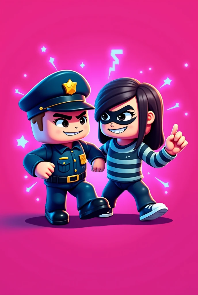 Create a pink logo for a game called hype with a police officer and a criminal with square roblox dolls
