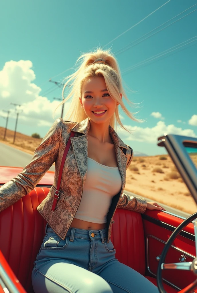 A vibrant, sunlit scene featuring a 25-year-old Japanese woman with long, fluffy blonde hair in a high ponytail, playfully winking at the camera while driving a classic convertible. She wears a fitted snakeskin-patterned collar jacket and jeans, exuding confidence. The background showcases a clear blue sky and an open road, embodying freedom and adventure, with dynamic lighting enhancing the joyful atmosphere.