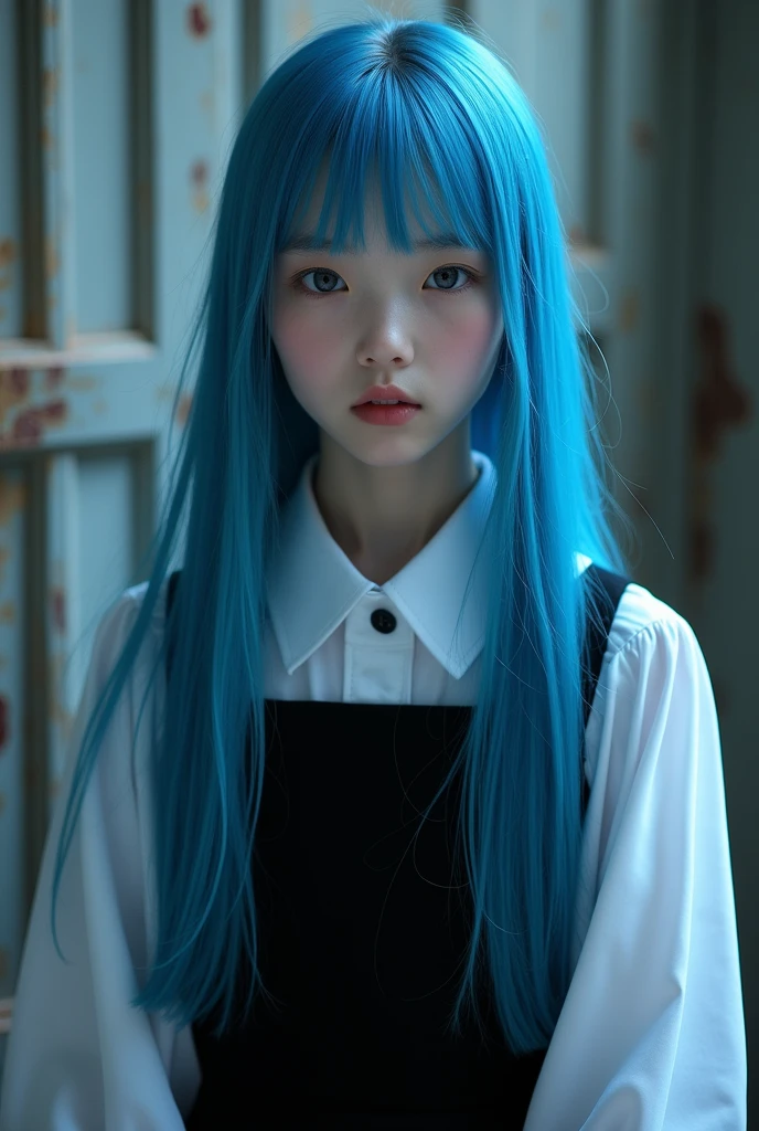 girl with long blue hair, korean, albino, heterochromatic eyes, pale skin, flat chest, in a black dress paired with a bright white blouse, with a more elegant and sophisticated touch, something, which corresponds to her mysterious and strong personality. General, her appearance would be striking, attracting curious and intrigued glances, flat chested, cinematic lighting, chromatic aberration, Backlight, masterpiece, high detail, high quality, 4K.
