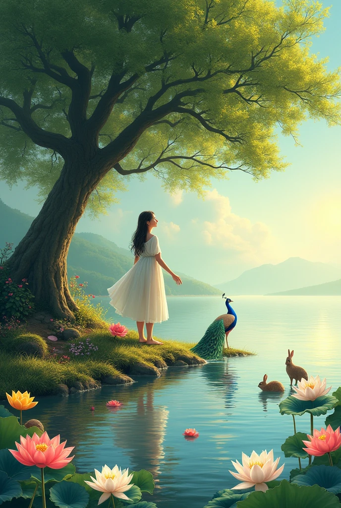 Kadamb tree near river peaocks, rabbits, near the river and peacock dancing. Red, white, yellow, blue lotus in river and girl bathing in river