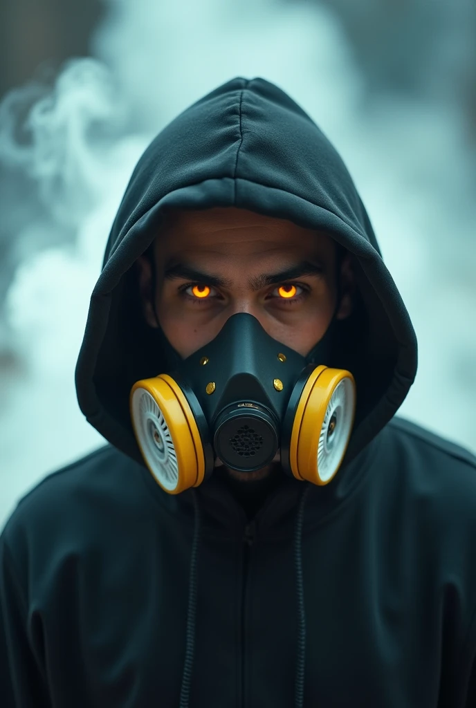 white man wearing a hoodie, wearing a dark yellow mouth respirator mask, with gangster haircut, captured from a low, slightly angled point of view of his head, glowing smoke coming from his eyes, looking at the camera transparent background