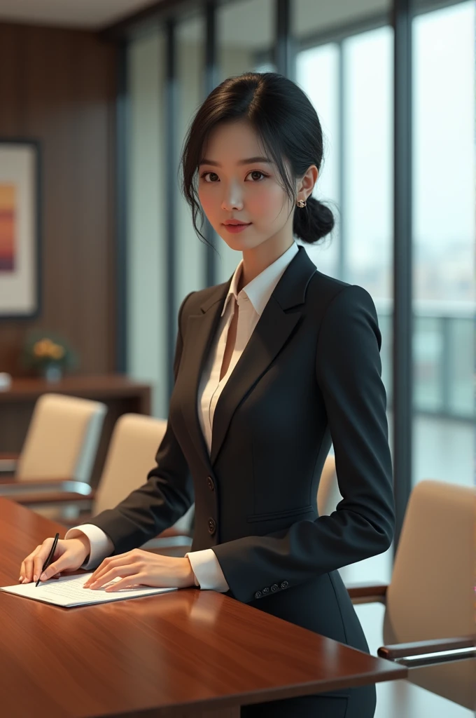 Very beautiful Japanese female secretary。In a suit。Office Conference Room。