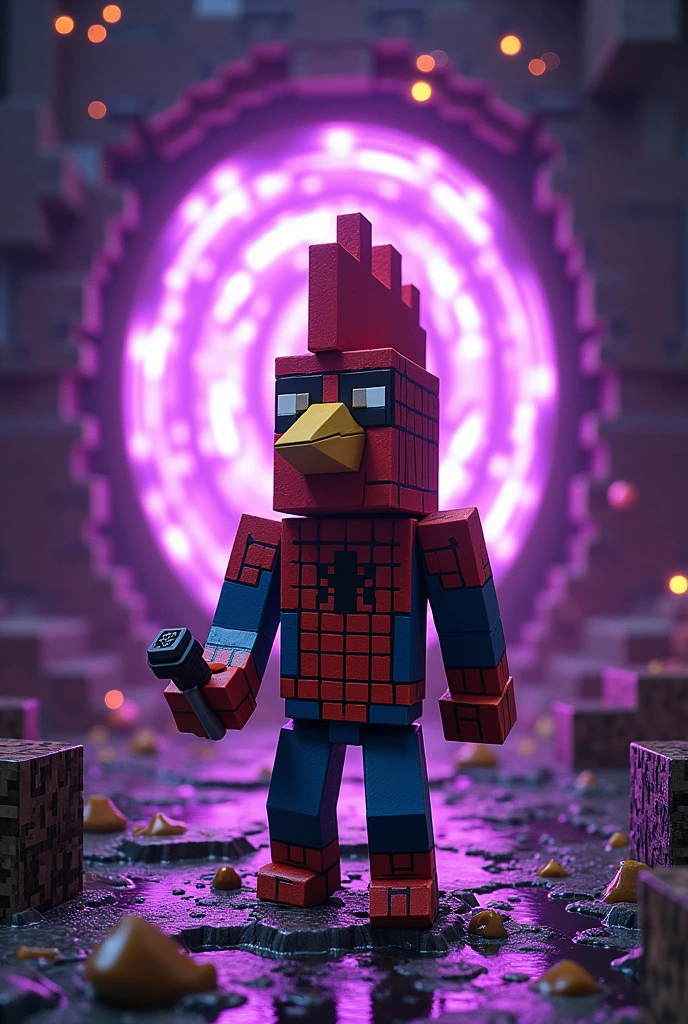 MINECRAFT CHICKEN HEAD MAN WITH SPIDERMAN DRESS GOING TO NEATHER IN MINECRAFT BY NEATHER PORTAL AND HE HAS FLINT AND STEEL ON HIS HAND IN MINECRAFT AND MAKE IMAGES SIZE TO FIT IN YOUTUBE THUMBNAIL