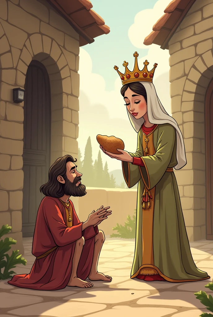 Cartoon of Princess Saint Elizabeth of Hungary helping a sad and very hungry person with a piece of bread