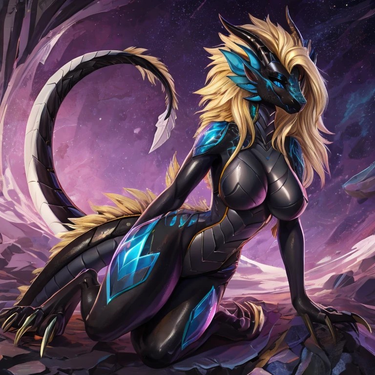 female dragon, anthropomorphic dragoness, blonde, long hair, digitigrade, narrow eyes, female body, slender body, scaly body, large breasts, medium hips, long body, black scales, long tail, alien form, body shape: hourglass, slender body, dragon head, perfect body, smooth skin, blue eyes, black skin with white color, not human face., long claws on legs and arms, seductive face, seductive pose, large model eyelashes, makeup on face, high quality, detailed face