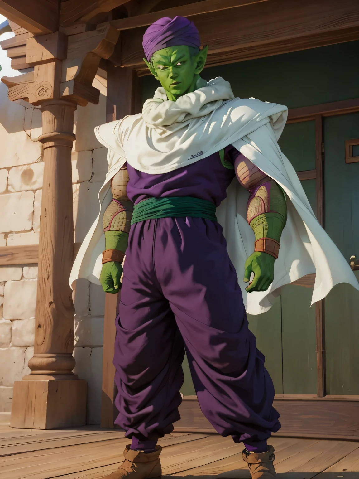 (masterpiece, best quality:1.2), highres, 8k wallpaper, 1boy, solo, professional lightings, cinematic lightings, ultra realistic & detailed portrait of Piccolo, dragonball, Piccolo_dbz, ((((green skin, green face, green arms, green hands)))), ((turban, short sleeve purple Chinese clothes, purple long pants, white cape, brown shoes)), standing, no back ground, full body shot, 