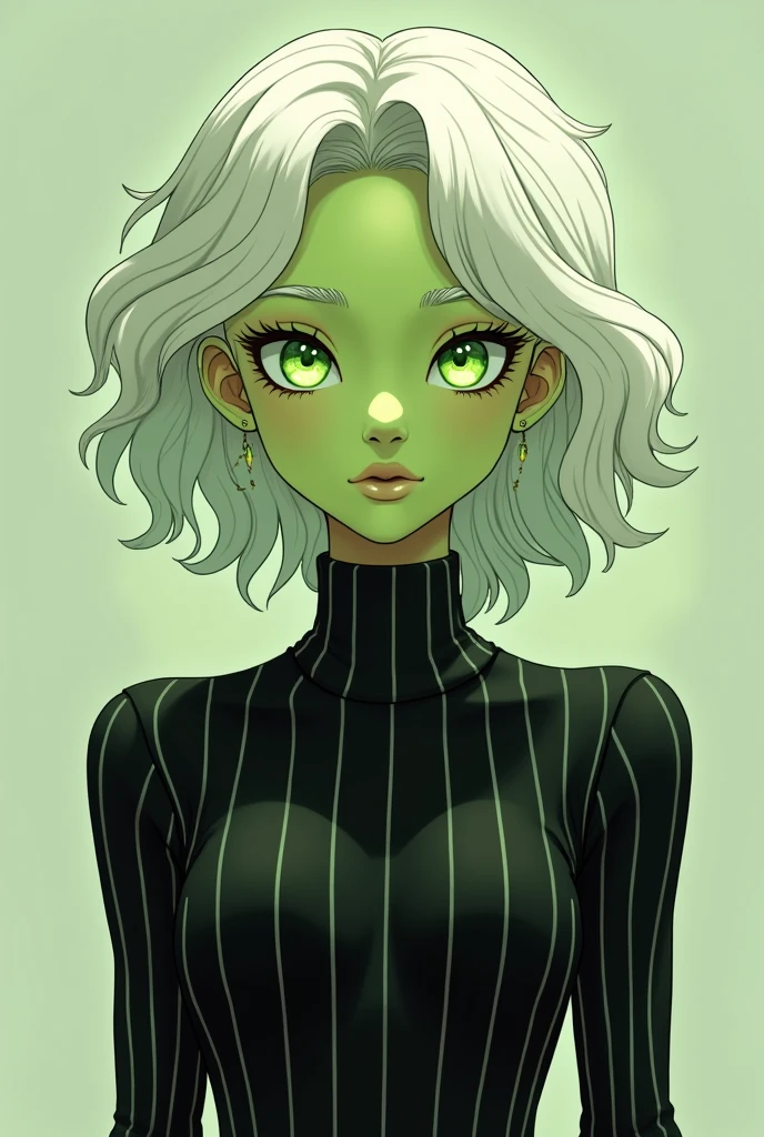 23 year old young adult with lime colored skin, albino, wavy white hair strong green pupils with light swirls, Black t-shirt with vertical white stripes with a long turtleneck and elegant long sleeves, in anime style.