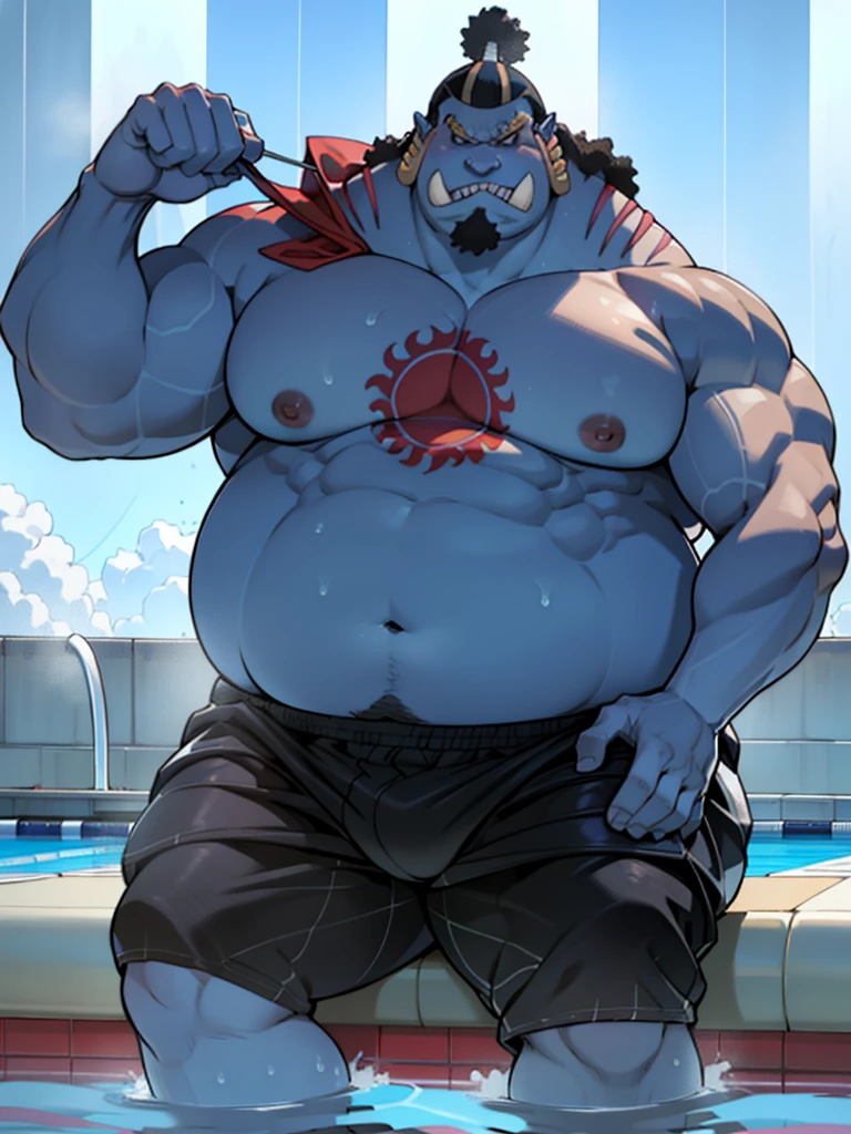 solo, 1boy, (Huge jinbei sitting in swimming pool, blue skin, underpants, bulge, partial submerged, hand rubbing belly) (fat, obese, huge belly, chubby) (topless, shirtless), pool background, masterpiece, high detailed, 8k, high resolution