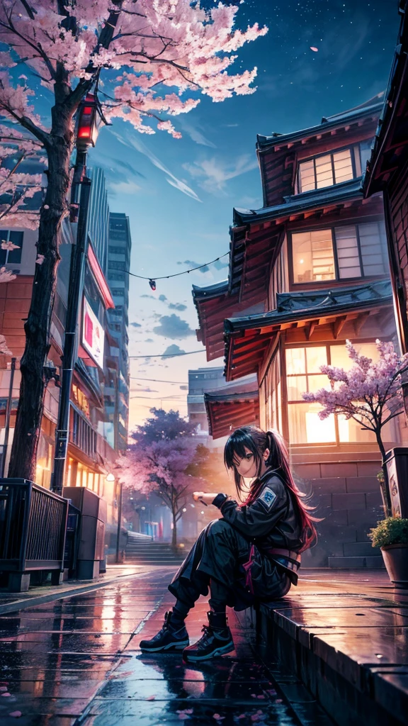 octane, Sky, landscape, night, 1 Girl, Solitary, outdoor, architecture, cloud, sitting, Sakura Tree, Wind, cherry blossoms flying, Long hair, City, Cityscape, sparkle, best quality, 8k, masterpiece, award winning