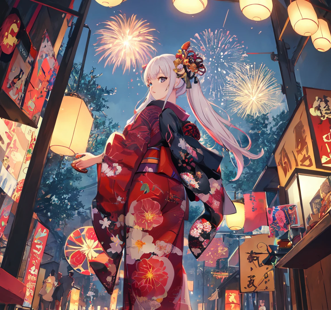 (masterpiece:1), (best quality:1), !high quality:1), 1girl, from_below, from behind, standing, wide_shot, fisheye, fireworks, outside, night, kimono