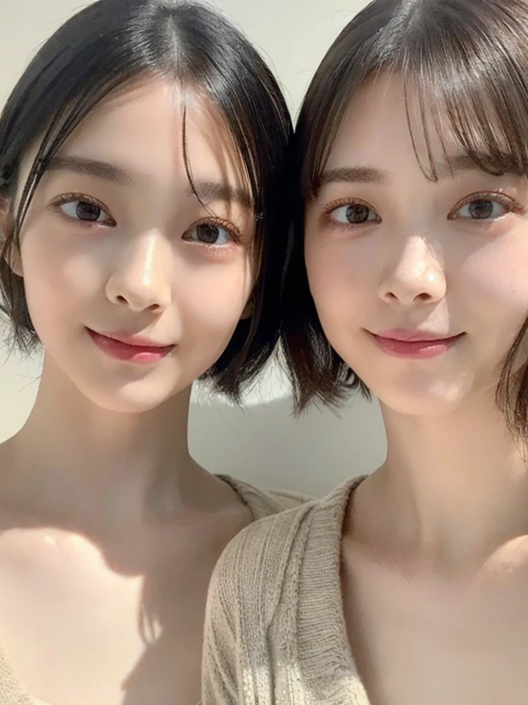 (masterpiece:1.3), (8k, Photoreal, Raw photo, best image quality: 1.4), Japanese high school girl、(random hairstyle:1.2)、cleavage:1.5、super detail face、eye for details、double eyelid、chest to chest、sharp focus:1.2、Beautiful woman:1.4、light brown hair、highest quality、masterpiece、超A high resolution、(Photoreal:1.4)、Highly detailed and professionally lit smiles、loose and light knitwear、shoulder out、thin、serious expression、short haired、deadly position
similar identical twins
All the girls have the exact same face, The two have the same face and figure, as if they were mirror images.