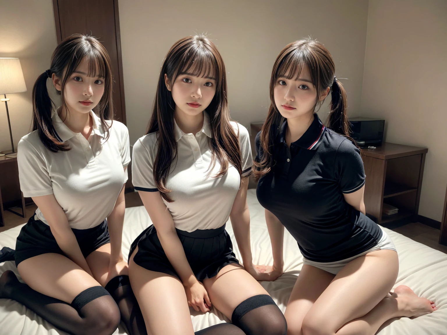 masterpiece, best quality, illustration, Super detailed, fine details, High resolution, 8K,wall paper, perfect dynamic composition,(Details High quality, realistic depiction of eyes:1.3), (2 girls), (collared polo shirt), pleated skirt, knee high socks, twin tails, sitting, open legs, in a hotel room in the background, deep on field, large breasts, black hair color, Big Natural Color Lip, (perfect body shape), crying a little、Harajuku style、20 year old girl、cute type、beautiful legs, Gravure Idol