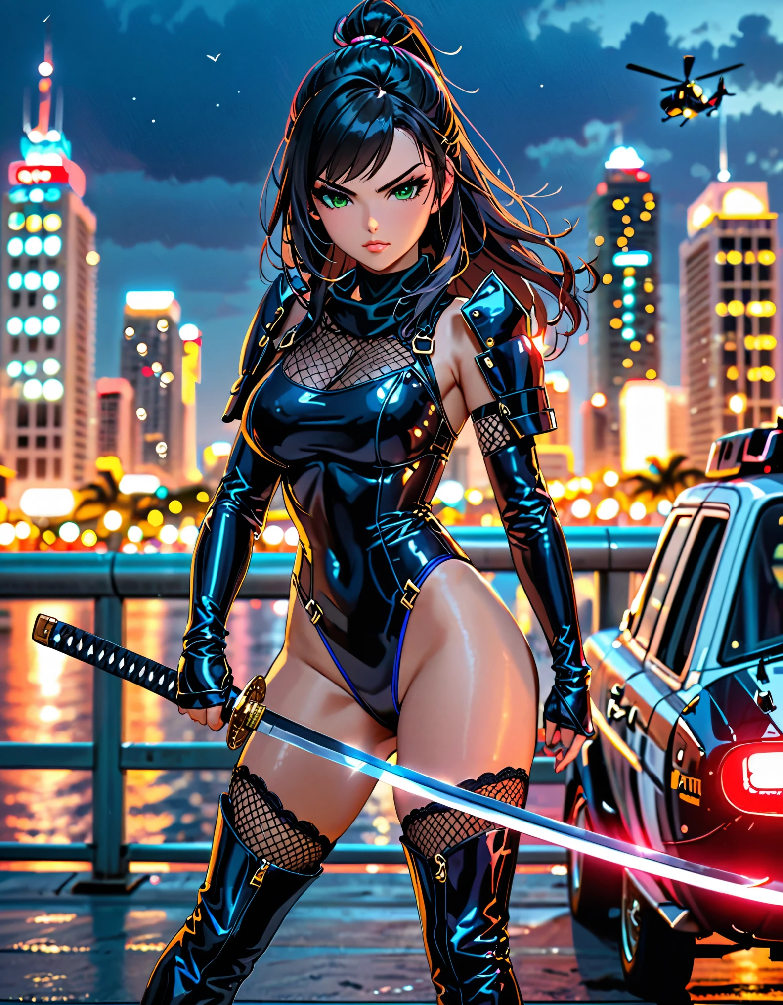 (masterpiece), (best quality), (high res), 1girl, finger proportions coordination, highly detailed, professional, ninja, kunoichi, green eyes, beautiful detailed eyes, beautiful detailed face, perfect hands, complete fingers, (black wristbands), perfect anatomy, perfect proportions, (raven black hair, long hair, swept bangs), (black leotard, matching leotard, fishnets, sleeveless), (bare legs), (boots, matching boots, thigh boots, blue boots), breasts, medium breasts, full body with costume, looking away, (holding sword, katana), dynamic fighting stance, v-shaped eyebrows, solo, solo focus. cowboy shot, miami city backdrop, rooftoop, outdoors, (searchlights), (helicopter). standing. noir atmosphere.