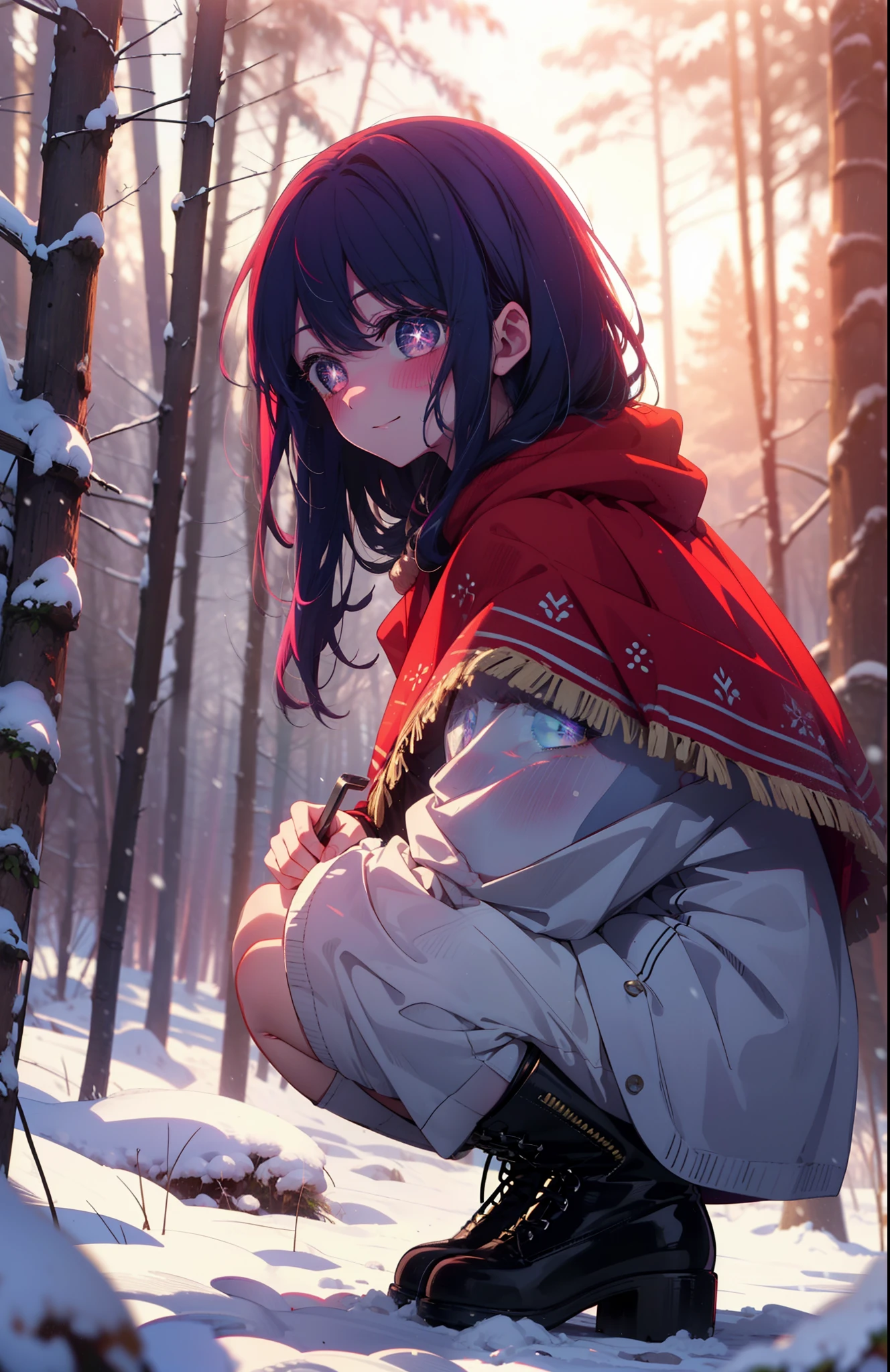 aihoshino, Ai Hoshino, Long Hair, bangs, (Purple eyes:1.1), Purple Hair, (Symbol-shaped pupil:1.5), smile,,smile,blush,white breath,
Open your mouth,snow,Ground bonfire, Outdoor, boots, snowing, From the side, wood, suitcase, Cape, Blurred, , forest, White handbag, nature,  Squat, Mouth closed, Cape, winter, Written boundary depth, Black shoes, red Cape break looking at viewer, Upper Body, whole body, break Outdoor, forest, nature, break (masterpiece:1.2), Highest quality, High resolution, unity 8k wallpaper, (shape:0.8), (Beautiful and beautiful eyes:1.6), Highly detailed face, Perfect lighting, Highly detailed CG, (Perfect hands, Perfect Anatomy),