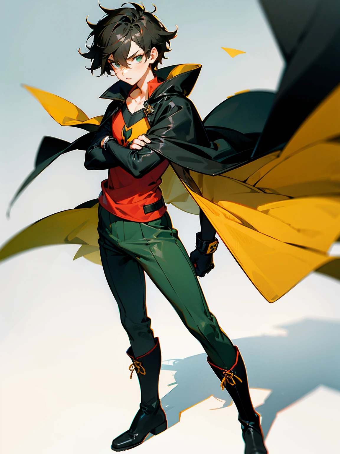 1male , Young Male , Red and Yellow T-Shirt with black fitted long sleeves under , Black Gloves, Green Boots , Robin Symbol on Shirt , Black and Cape, Messy Hair , Serious Expression , Standing on sidewalk, ((Robin Inspiration))