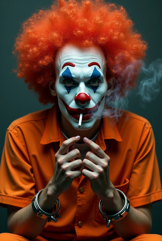 Clown au cheveu rouge afro qui fume avec menotte à la main avec une tenue de prisonnier