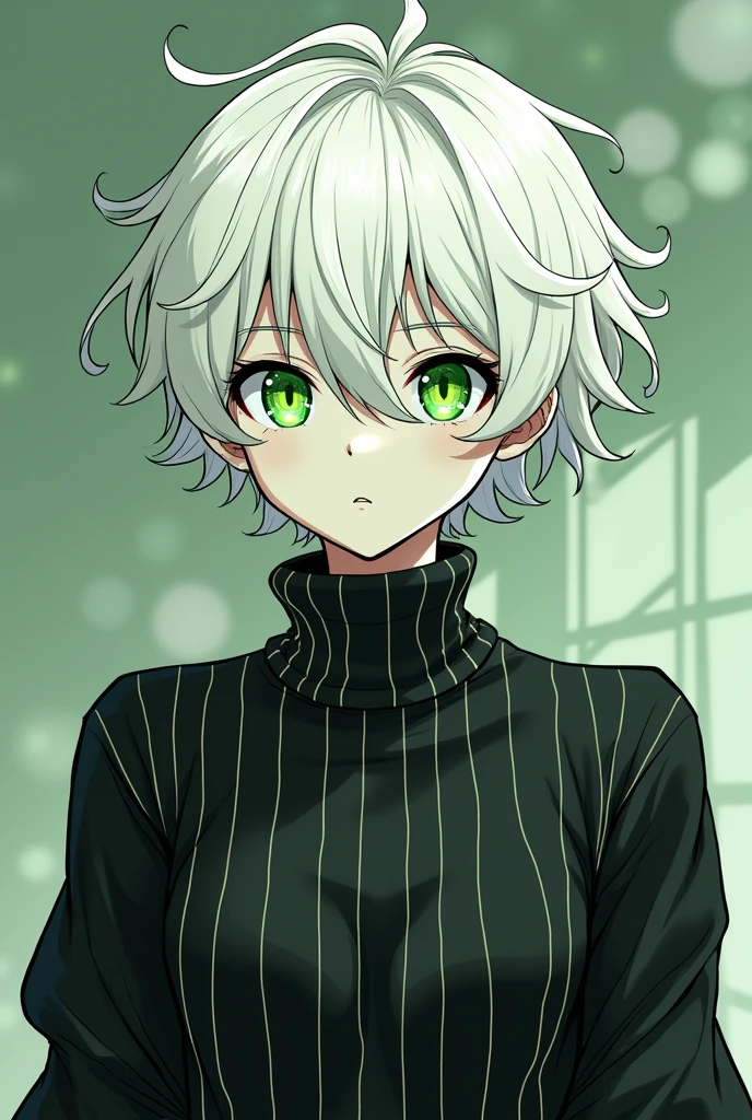 23 year old young adult with lime colored skin, albino, wavy white hair strong green pupils with light swirls, Black t-shirt with vertical white stripes with a long turtleneck and elegant long sleeves, in a less realistic anime style and that he is a man.
