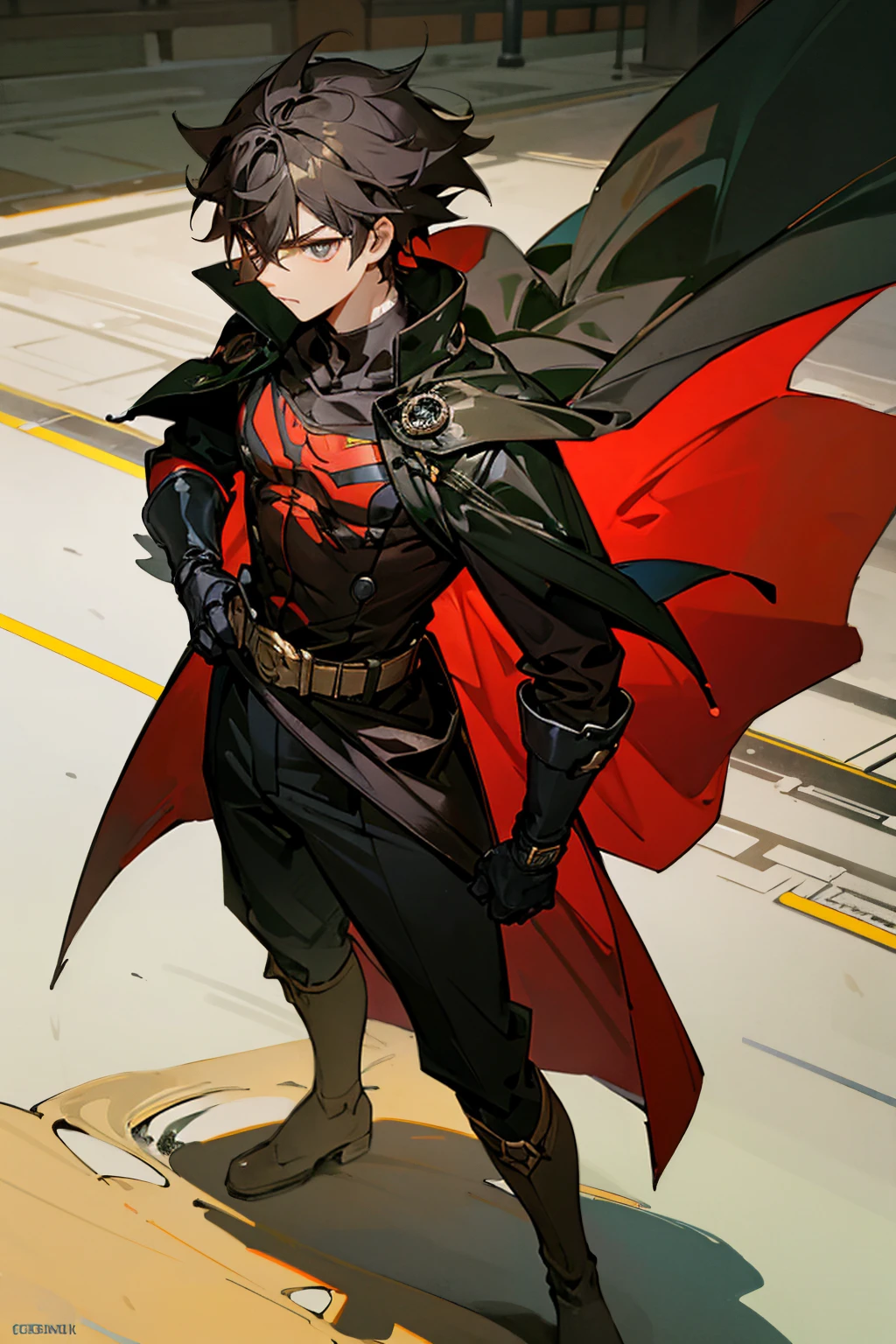 1male , Young Male , Red and Yellow T-Shirt with black fitted long sleeves under , Black Gloves, Green Boots , Robin Symbol on Shirt , Black and Cape , Black Hero mask , Messy Hair , Serious Expression , Standing on sidewalk