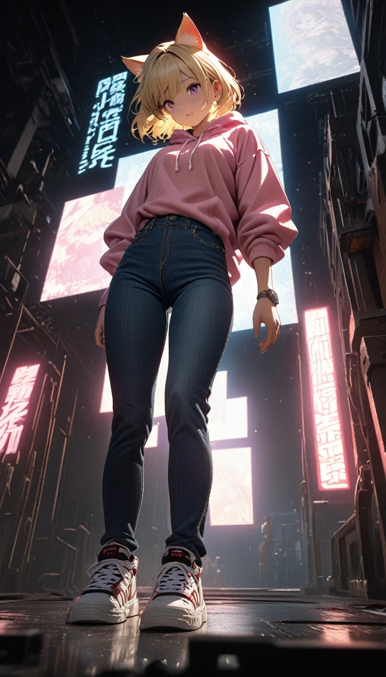 Blonde Hair、Short Hair、Cat ears of the same color as the hair、Plain pink hoodie、Denim hot pants、sneakers、Pure white background，Depth of written boundary，Low angle view，Calf Level View，Overclocked Renderer，Cinema Lighting，Ultra-fine，Very detailed，complicated，Cinematic Perspective，CG Art，