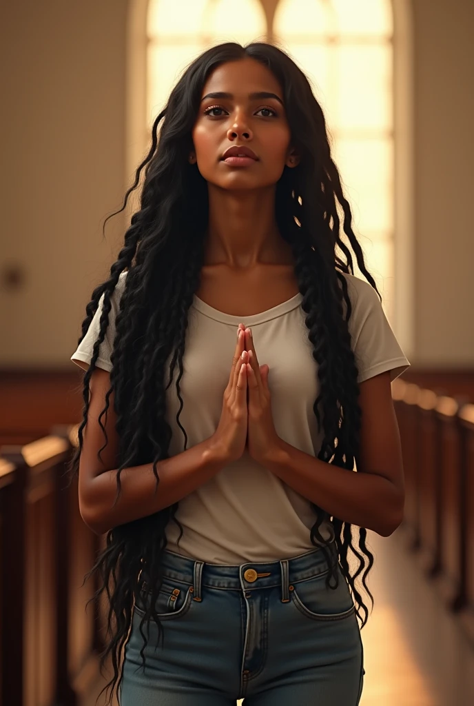 A beautiful white young indian girl facing towards wearing t-shirt and jeans with long thick and black braided hair on her shoulder towards the breast and reaching her waist and her legs visible with her hands praising the lord God in church standing alone away from the crowd and glorifying God with her innocence.