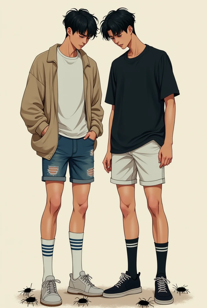 Handsome korean male ager and handsone chinese male teen both have black hair, tall and slim bodies. The korean male teenagerrs a white t shirt, beige cardigan, ripped jeans shorts, and long white socks with 2 blue stripes on it. The chinese male teenager wea black shirt, white shorts, and black socks with 2 black stripes. Both are stomping and crushing insects beneath their feet